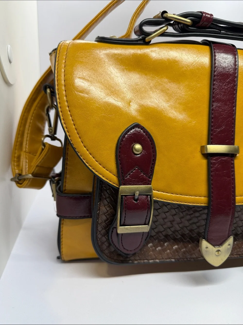 Yellow and Burgundy Leather Satchel with Woven Brown Accent